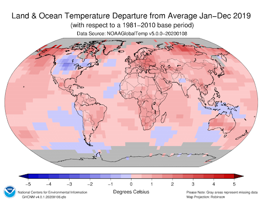 Land and Ocean Temperature Departure from Average Jun to Dec 2019