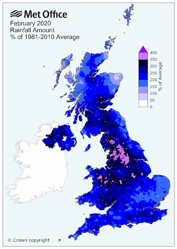 Met Office February 2020 Rainfall Amount Percent of 1981 to 2010 Average