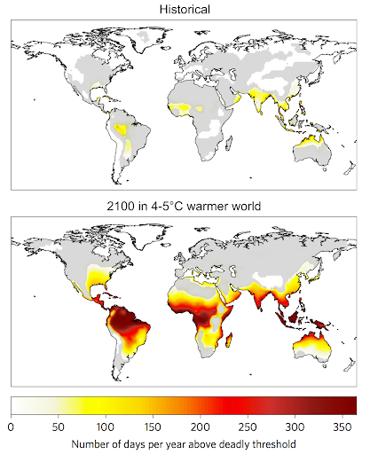 Number of days per year exceeding the threshold of temperature and humidity beyond which climatic conditions become deadly. Top: average between 1995-2005 (historical); bottom: average between 2090-2100 in a world 4-5°C hotter than in preindustrial times