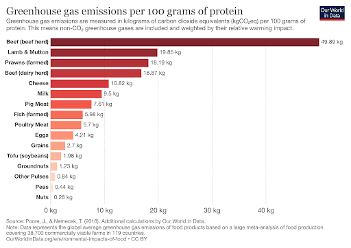 Greenhouse gas emissions per 100 grams of protein
