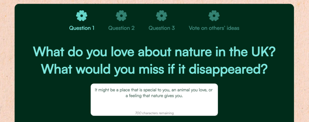 Example of the first question for the public submissions for the People's Plan for Nature.