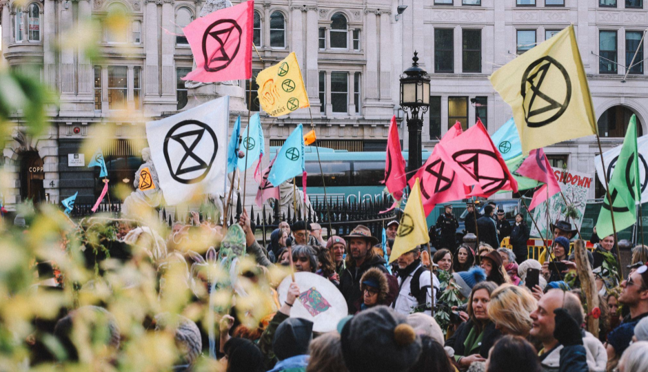 A photo of people in a street holding colourful flags with the extinction symbol on